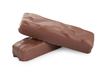 Two tasty chocolate bars on white background