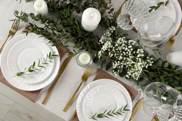 Stylish elegant table setting for festive dinner, flat lay