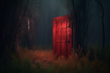 Red rusty creepy metal door in the dark, Generative A