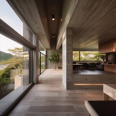 Modern Japanese inspired concrete house, interior design architecture, Japanese architecture, Japan, generative ai.