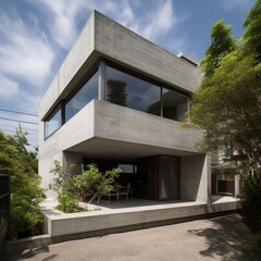 Fototapeta na wymiar Modern Japanese inspired concrete house, interior design architecture, Japanese architecture, Japan, generative ai.