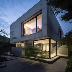 Modern Japanese inspired concrete house, interior design architecture, Japanese architecture, Japan, generative ai.