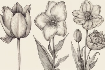 bouquet of delicate flowers in pencil drawing style. Generative AI