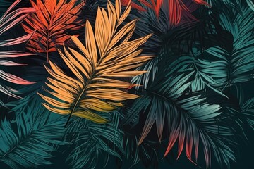 Illustration of colorful autumn leaves on a dark background. Generative AI