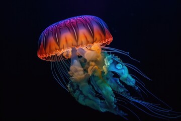 Obraz premium Incredibly beautiful jellyfish that glows with different colors under the water. Bioluminescent marine organisms. High quality generative ai