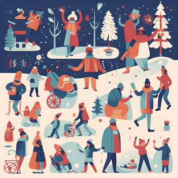 A series of winter-themed illustrations depicting people enjoying outdoor activities, like ice-skating and building snowmen, with festive elements for Christmas and New Year celebrations.