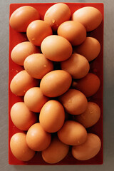 Red egg group's tray over a aluminum surface in a top view