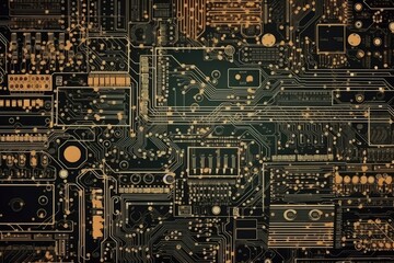 Fototapeta premium detailed view of a computer circuit board with electronic components and pathways. Generative AI