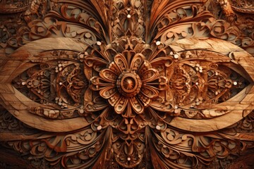 hand-carved wooden flower and leaf design. Generative AI