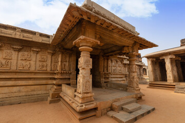 Hazara Rama temple with medieval stone architecture with intricate carvings at Hampi Karnataka,...
