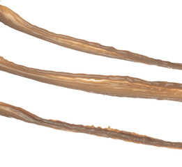 Milk Tea fall pouring down in Shape form line. Milk Ice coffee splash spill into drop, chocolate cocoa attack fluttering explosion in air. White background isolated, stop motion freeze shot.