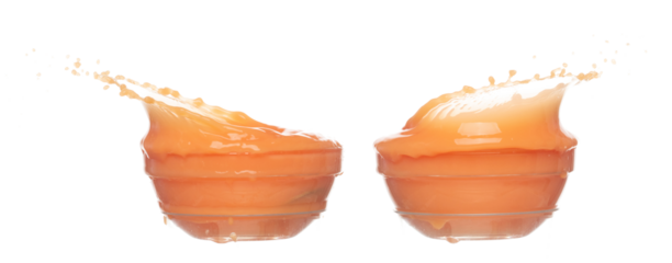 Orange Juice pouring down in Shape form line. Orange juicy fluttering explosion in air, liquid water splash spill like explosion droplet in glass bowl. White background isolated, stop motion freeze