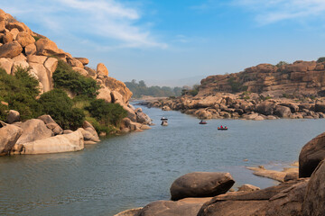 Scenic Tungabhadra river valley with mountain landscape at Hampi Karnataka India