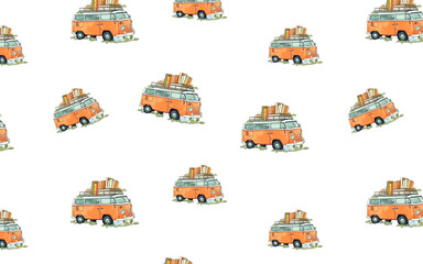 seamless pattern Vintage watercolor orange truck, spring summer illustration of old retro car. Transparent Background. Generative AI