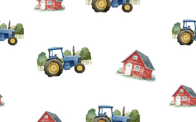seamless pattern Watercolor Barns Clipart. Farm Style. Red Barn House, Horse, Tractor, Windmill, Wood Gate Illustrations. Wedding Invitation DIY. Transparent Background. Generative AI