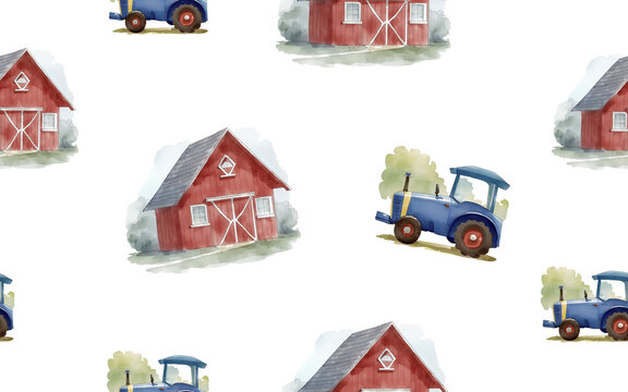 Seamless Pattern Watercolor Barns Clipart. Farm Style. Red Barn House, Horse, Tractor, Windmill, Wood Gate Illustrations. Wedding Invitation DIY. Transparent Background. Generative AI