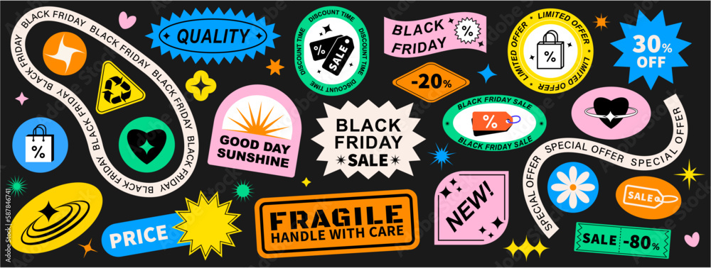 Wall mural Set Black Friday shapes sticker pack. Vector illustration with circles, ovals, rectangles, stars, typography, and groovy wavy geometric elements in trendy retro 90s style.  Brutalism aesthetic.