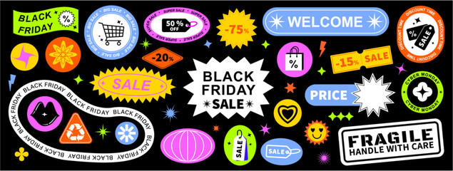 Set Black Friday shapes sticker pack. Vector illustration with circles, ovals, rectangles, stars, typography, and groovy wavy geometric elements in trendy retro 90s style.  Brutalism aesthetic.
