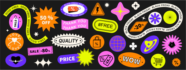 Set Black Friday shapes sticker pack. Vector illustration with circles, ovals, rectangles, stars, typography, and groovy wavy geometric elements in trendy retro 90s style.  Brutalism aesthetic.