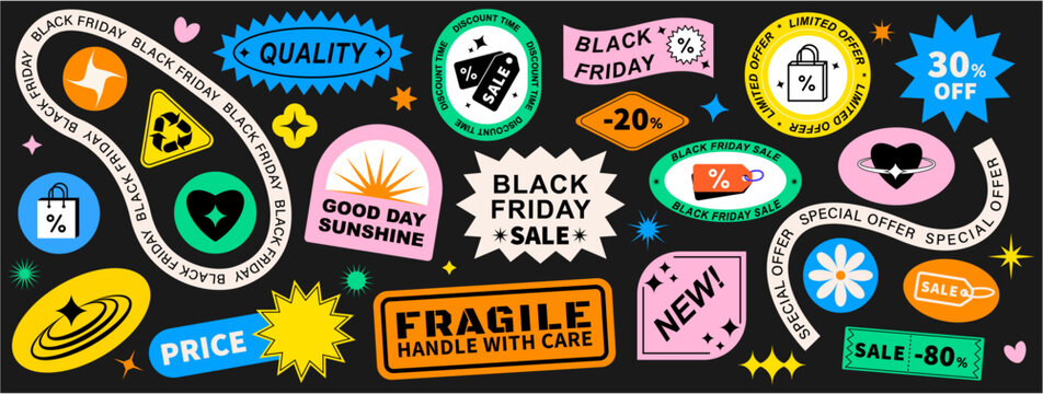Set Black Friday shapes sticker pack. Vector illustration with circles, ovals, rectangles, stars, typography, and groovy wavy geometric elements in trendy retro 90s style.  Brutalism aesthetic.