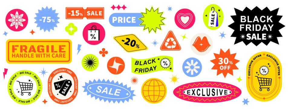 Set Black Friday shapes sticker pack. Vector illustration with circles, ovals, rectangles, stars, typography, and groovy wavy geometric elements in trendy retro 90s style.  Brutalism aesthetic.