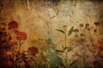 Illustration of grunge floral wall art with leaves and flowers. Generative AI