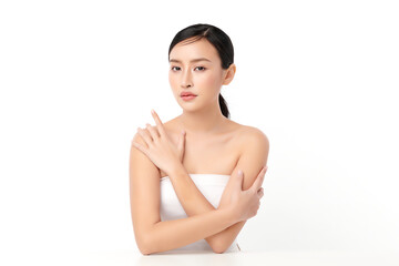 Beautiful young asian woman with clean fresh skin on white background, Face care, Facial treatment, Cosmetology, beauty and spa, Asian women portrait.