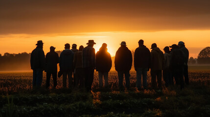 Silhouette image of a group of farmers standing together in a field at sunset - obrazy, fototapety, plakaty