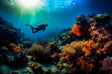 Fototapeta premium Scuba divers exploring coral reef. Beautiful underwater nature, high quality generative ai