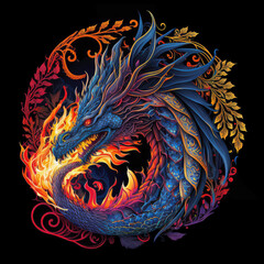 Ornate and colorful fire-breathing dragon mandala graphic with fierce eyes and teeth, on a black background. Illustration created with Generative AI.