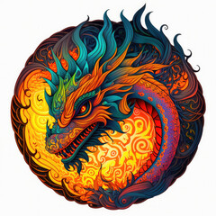 Ornate dragon mandala graphic in bright neon colors, with fierce eyes and teeth in a fiery circle.  Illustration created with Generative AI.