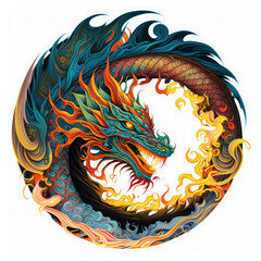 Ornate and colorful fire-breathing dragon mandala graphic with fierce eyes and teeth, on a white background. Illustration created with Generative AI.