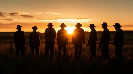 Fototapeta na wymiar Silhouette image of a group of farmers standing together in a field at sunset