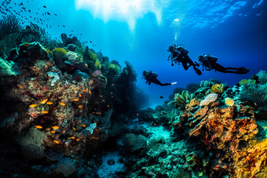 Scuba divers exploring coral reef. Beautiful underwater nature, high quality generative ai