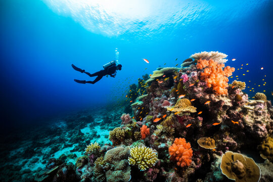 Scuba diver exploring coral reef. Beautiful underwater nature, high quality generative ai