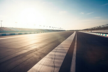 Empty international racetrack, as seen from the race car, blurred in motion. Sunny day. High quality generative ai.