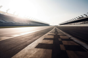 Empty international racetrack, as seen from the race car, blurred in motion. Sunny day. High quality generative ai. - obrazy, fototapety, plakaty