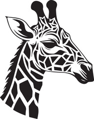 Black and white vector illustration of a giraffe head , black on white background isolated, line art, suitable for logo, tattoo, mascot,shirt, t shirt, label, emblem, tatoo, sign, poster