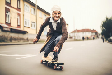 Old woman skateboarding fast. Elderly people having fun. High quality generative ai - obrazy, fototapety, plakaty