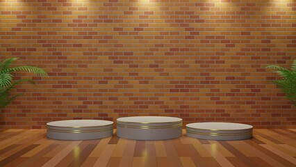 white podium and spotlight with red brick wall background.3d rendering.