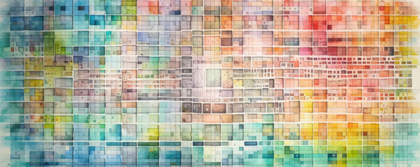 Matrix, grid type colorful mosaic like watercolor abstract. A cover or header for something creative, diverse, or covers a wide range of fields or aspects. Illustration style generative AI.