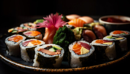 Fresh sushi platter with eel, tuna, prawn generated by AI