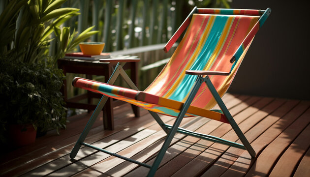 Comfortable, outdoor armchair on sunny tropical patio generated by AI