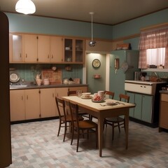 1970 kitchen with cabinets and table