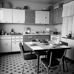 back and white, 1960 kitchen with cabinets and table
