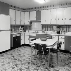 back and white, 1950 kitchen with cabinets and table