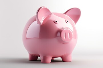 cute pink piggy bank on a table with coins and dollar bills around it. Generative AI