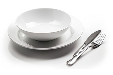 minimalist table setting with a white plate, fork, and bowl. Generative AI