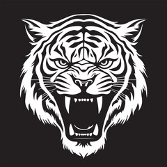 Black and white vector illustration of a angry tiger head, white on black background isolated, line art, suitable for logo, tattoo, mascot,shirt, t shirt, label, emblem, tatoo, sign, poster