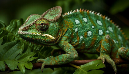 Obraz premium Green gecko on branch in tropical rainforest generated by AI